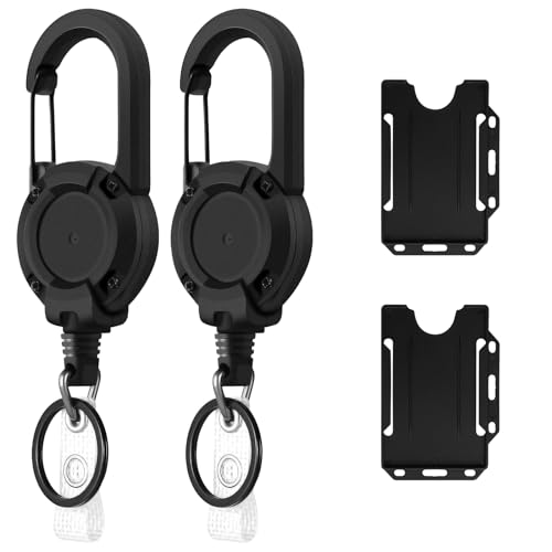 2 x robuste, einziehbare Schlüsselanhänger, einziehbarer Schlüsselanhänger mit 80 cm dicker Stahlschnur (mehr als 300 Gramm Traglast, 60 cm) und 2 Stück Ausweishalter (schwarz) von Yafe