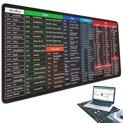 Mehrsprachige Excel-Spickzettel-Schreibtischunterlage, Excell-Shortcut-Mauspad, erweitertes großes Spickzettel-Mauspad, rutschfeste Gummiunterseite, genähte Kanten, wasserdicht, PC-Büro(Thai,300*800*3 von Yagerod