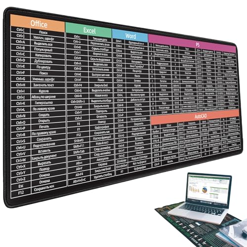 Mehrsprachige Excel-Spickzettel-Schreibtischunterlage, Excell-Shortcut-Mauspad, erweitertes großes Spickzettel-Mauspad, rutschfeste Gummiunterseite, genähte Kanten, wasserdicht, PC-Büro(Russian-A,300* von Yagerod