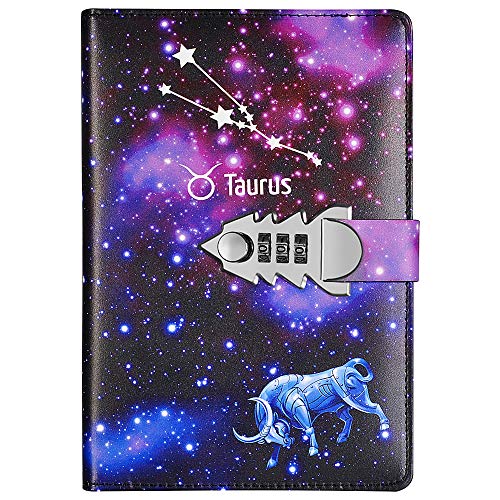 Täglich geheimes Tagebuch aus Leder mit Zahlenschloss, Reisetagebuch, Notizbuch für Jungen und Mädchen, Zwölf Sternbilder TPN145 (Taurus) von Yakri