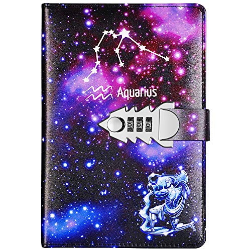 Yakri Tagebuch Notizblock Geheimnis Notizbuch Rekord mit Zahlenschloss DIY PassWord Notebook für Kinder Erwachsene Geburtstagsgeschenke A5 TPN145 (Aquarius) von Yakri