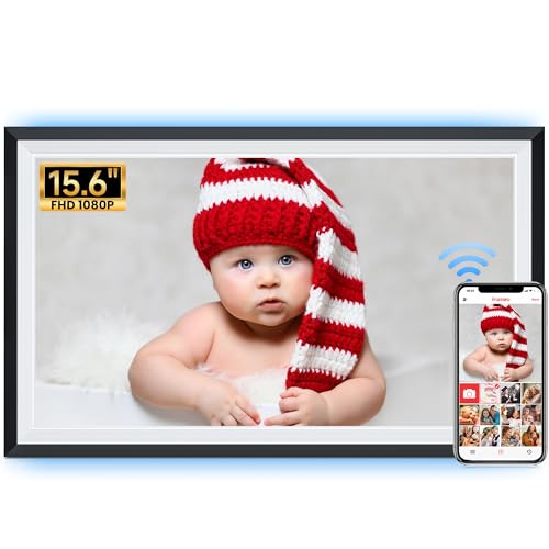 FRAMEO 15.6 Zoll Digitaler Bilderrahmen - 1920 * 1080 IPS Touchscreen, 32GB Speicher, Auto Rotation Elektronischer Digitale Fotorahmen, Teilen Sie Fotos/Videos Sofort(Schwarzweiß mit LED-Beleuchtung) von Yalilia