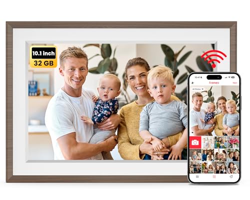 FRAMEO Digitaler Bilderrahmen WLAN 10,1 Zoll - 1280x800 IPS Touchscreen Digitale Bilderrahme, 32GB Speicher, Auto Rotation Elektronischer Fotorahmen, Teilen Sie Fotos/Videos Sofort (Holzmaserung Weiß) von Yalilia