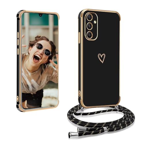ESONG Handykette hülle für Samsung Galaxy S25 mit Band, Ultra Dünn Herz Love Motiv Galvanik TPU Silikon Stoßfeste Case, Frauen Mädchen Schutzhülle mit Kordel zum Umhängen Schwarz ESONG Handykette hülle für Samsung Galaxy S25 mit Band, Ultra Dünn Herz Love Motiv Galvanik TPU Silikon Stoßfeste Case, Frauen Mädchen Schutzhülle mit Kordel zum Umhängen Schwarz von Yanjieer