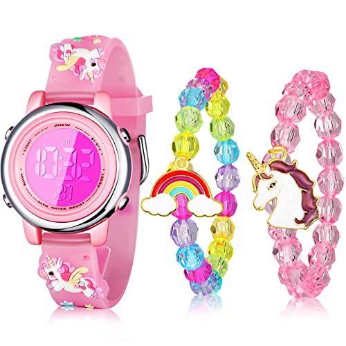 Yaomiao 3 Stück Kinder Einhorn Uhr und Einhorn Armband Kleinkind Wasserdicht Digitaluhr Leuchtend Uhr mit Alarm Stoppuhr Einhorn Geschenk für Ostern 3-10 Jährige Mädchen Kinder (Lieblicher Stil) von Yaomiao