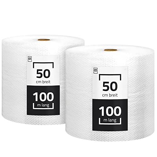 2 Rollen Luftpolsterfolie 50cm x 100m (100m2) Polsterfolie Blasenfolie Knallfolie - Stärke 50my - Verpackungsfolie von Yaro