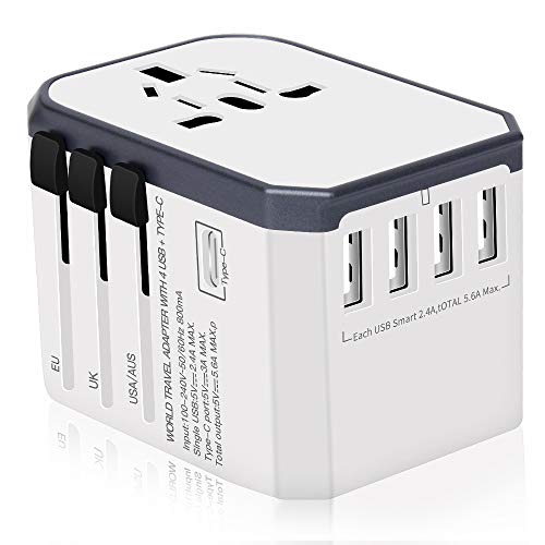 Reiseadapter Reisestecker Weltweit 224+ Ländern Universal Travel Adapter 4 USB +Type C + AC Aufladung International einsetzbar für Europa Deutschland UK Australien USA Asien Usw (Weiß) von Yarrashop