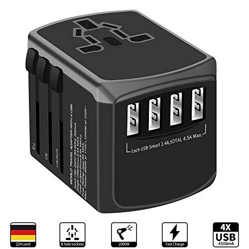 Reiseadapter Weltweit für 224+ Länder, Universal Reisestecker mit 4 USB + AC Steckdosenadapter, Travel Adapter für Deutschland UK Australien USA Thailand Italien Australien Malediven Japan Mexiko von Yarrashop