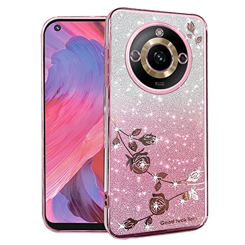 Yarxiawin Für Schutzhülle Realme 11 Pro Transparent Glitzer Blume Schutzhülle Realme 11 Pro Cover Weiches Silikon Glitzer Luxus Glänzend Case Dünn Lila (Rosa) von Yarxiawin