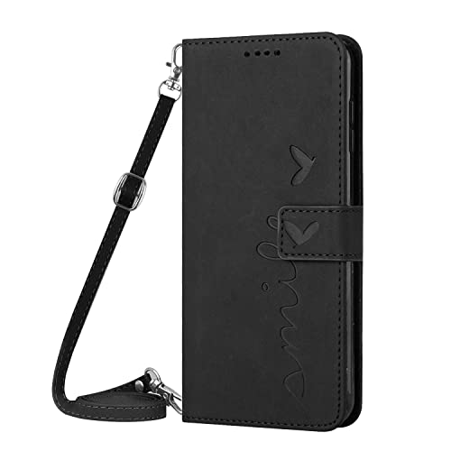 Yarxiawin Kompatibel für Apple iPhone 15 Hülle Leder mit Band Abnehmbar Herz Muster Aesthetic, Handyhülle iPhone 15 Wallet Case Magnetisch Klappbar Portemonnaie Kartenfach (Schwarz) von Yarxiawin