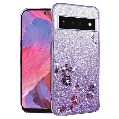 Yarxiawin Kompatibel mit Google Pixel 6 Pro hülle Silikon Glitzer Blumen Muster Aesthetic Clear Case, Handyhülle Google Pixel 6 Pro 5G hülle Glitzer Schutzhülle Transparent Motiv (Lila) von Yarxiawin