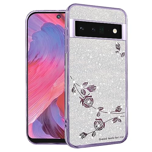 Yarxiawin Kompatibel mit Google Pixel 6 Pro hülle Silikon Glitzer Blumen Muster Aesthetic Clear Case, Handyhülle Google Pixel 6 Pro 5G hülle Glitzer Schutzhülle Transparent Motiv (Silbrig-Lila) von Yarxiawin