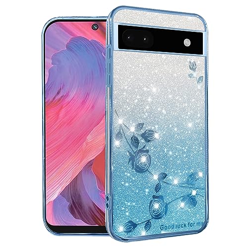 Yarxiawin Kompatibel mit Google Pixel 6a hülle Silikon Glitzer Blumen Muster Aesthetic Clear Case, Handyhülle Google Pixel 6a 5G hülle Glitzer Schutzhülle Transparent Motiv (Blau) von Yarxiawin