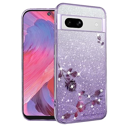 Yarxiawin Kompatibel mit Google Pixel 7a hülle Silikon Glitzer Blumen Muster Aesthetic Clear Case, Handyhülle Google Pixel 7a 5G hülle Glitzer Schutzhülle Transparent Motiv (Lila) von Yarxiawin