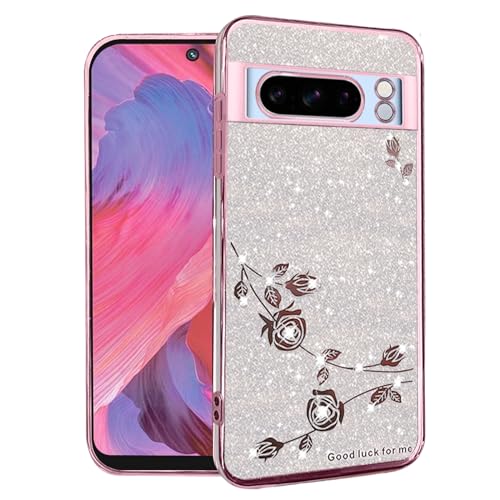 Yarxiawin für Google Pixel 8 Pro Hülle Transparent Glitzer Aesthetic, Klar Dünn Handyhülle Google Pixel 8 Pro Silikon Weich Schutzhülle Rosa Luxus Blumen Case Stoßfest für Frauen (Silbrig-Rosa) von Yarxiawin