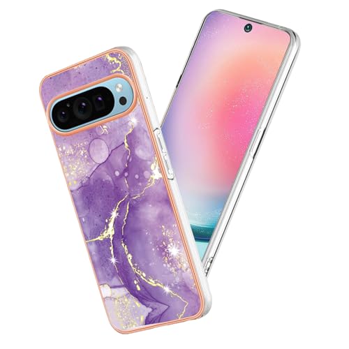 Yarxiawin Kompatibel mit Google Pixel 9 Pro Hülle Silikon Case Aesthetic Stoßfeste Glitzer, HandyHülle Google Pixel 9 Marmor SchutzHülle Landschaftsmalerei Transparent Rahmen Cover (Lila) von Yarxiawin