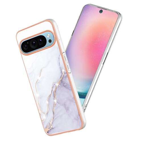 Yarxiawin Kompatibel mit Google Pixel 9 Pro Hülle Silikon Case Aesthetic Stoßfeste Glitzer, HandyHülle Google Pixel 9 Marmor SchutzHülle Landschaftsmalerei Transparent Rahmen Cover (Weiß) von Yarxiawin
