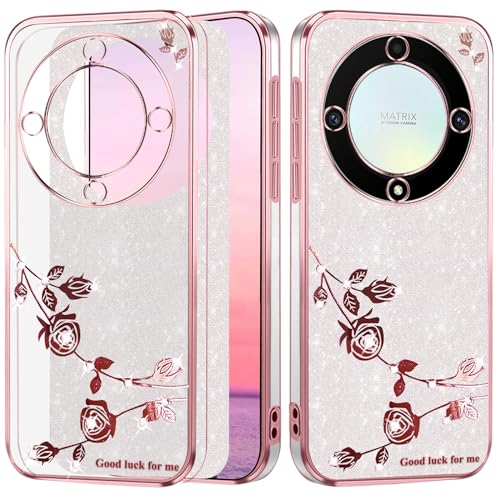 Yarxiawin Kompatibel mit Honor Magic 5 Lite 5G hülle Silikon Glitzer Blumen, Handyhülle Honor Magic 5 Lite Hülle Glitzer Clear, Schutzhülle Honor Magic 5 Lite hülle Transparent (Silbrig-Rosa) von Yarxiawin