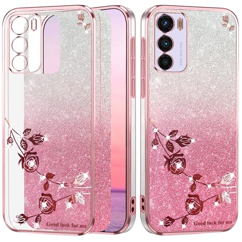 Yarxiawin Kompatibel mit Motorola Moto G42 hülle Silikon Glitzer Blumen Muster Aesthetic Clear Case, Handyhülle Moto G42 hülle Glitzer Schutzhülle Transparent Motiv Dünn Cover (Rosa) von Yarxiawin