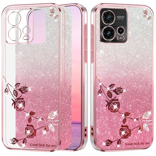 Yarxiawin Kompatibel mit Motorola Moto G72 hülle Silikon Glitzer Blumen Muster Aesthetic Clear Case, Handyhülle Moto G72 hülle Glitzer Schutzhülle Transparent Motiv Dünn Cover (Rosa) von Yarxiawin