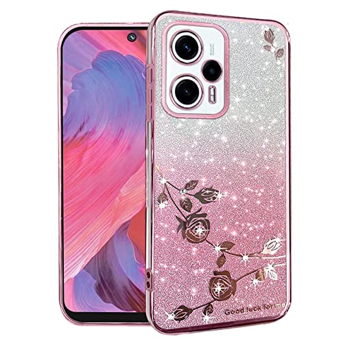 Yarxiawin Kompatibel mit Poco F5 hülle Silikon Glitzer Blumen, Handyhülle Xiaomi Poco F5 hülle Glitzer Muster, Schutzhülle Redmi Note 12 Turbo hülle Transparent Motiv Case (Rosa) von Yarxiawin