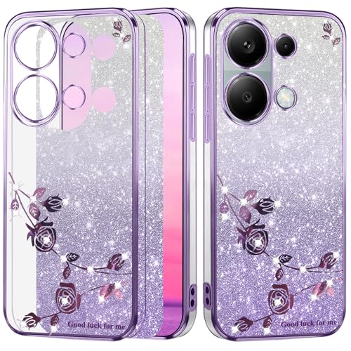 Yarxiawin Kompatibel mit Redmi Note 13 Pro 4G hülle Silikon Glitzer Blumen Muster Aesthetic Clear Case, Handyhülle Xiaomi Redmi Note 13 Pro 4G hülle Glitzer Schutzhülle Transparent (Lila) von Yarxiawin