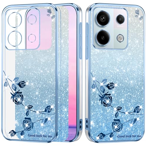 Yarxiawin Kompatibel mit Redmi Note 13 Pro 5G hülle Silikon Glitzer Blumen Muster Aesthetic Clear Case, Handyhülle Xiaomi Redmi Note 13 Pro 5G hülle Glitzer Schutzhülle Transparent (Blau) von Yarxiawin