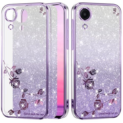 Yarxiawin Kompatibel mit Samsung Galaxy A03 Core hülle Silikon Blumen, Bling Handyhülle Samsung A03 Core hülle Glitzer Muster, Schutzhülle Samsung A03 Core hülle Transparent Case (Lila) von Yarxiawin