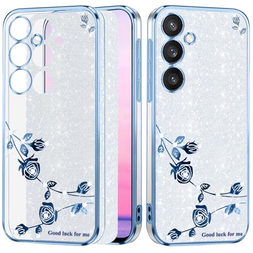 Yarxiawin Kompatibel mit Samsung Galaxy A15 5G hülle Silikon Glitzer Blumen Muster Aesthetic Clear Case, Handyhülle Samsung A15 hülle Glitzer Schutzhülle Transparent Durchsichtig (Silbrig-Blau) von Yarxiawin