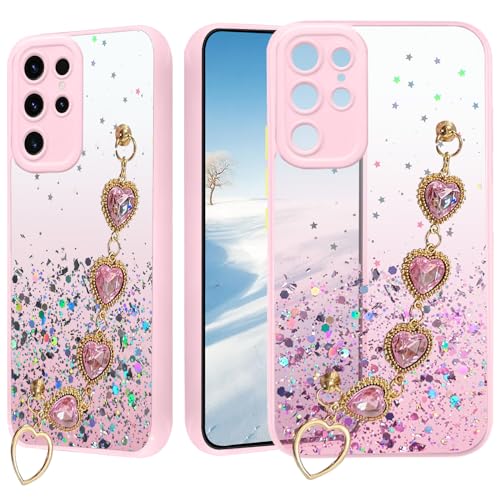 Yarxiawin Kompatibel mit Samsung S23 Ultra hülle Transparent Glitzer Herz Handykette mit Band Aesthetic Muster, Handyhülle Samsung S23 Ultra Silikon Case Durchsichtig Schutzhülle Clear (Rosa) von Yarxiawin