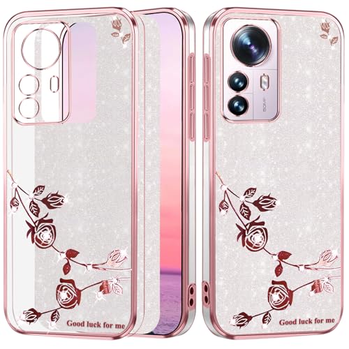 Yarxiawin Kompatibel mit Xiaomi 12 Lite 5G hülle Silikon Glitzer Blumen, Handyhülle Xiaomi 12 Lite Hülle Glitzer Durchsichtig, Schutzhülle Xiaomi 12 Lite hülle Transparent Cover (Silbrig-Rosa) von Yarxiawin