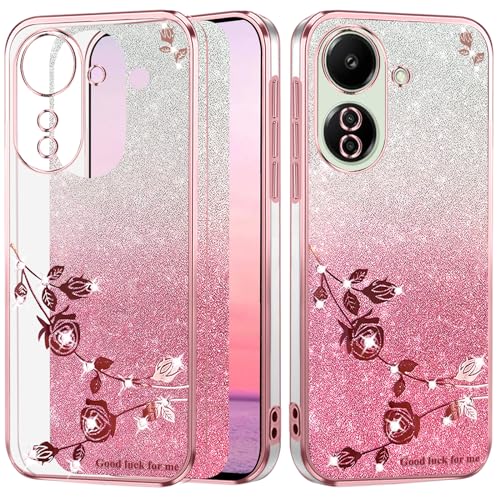 Yarxiawin Kompatibel mit Xiaomi Redmi 13C 4G hülle Silikon Case Glitzer Blumen Muster Aesthetic Clear, Handyhülle Redmi 13C hülle Glitzer Dünn Schutzhülle Transparent Durchsichtig (Rosa) von Yarxiawin