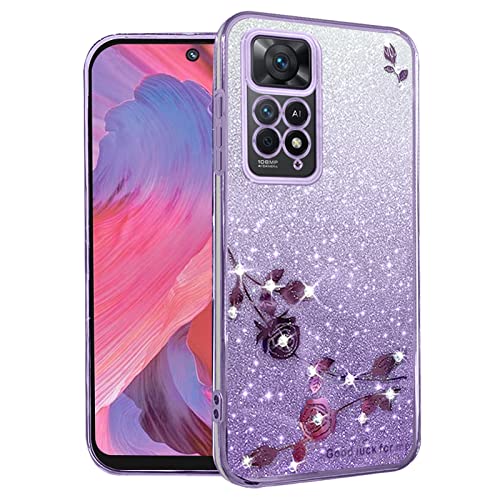 Yarxiawin Kompatibel mit Xiaomi Redmi Note 11 Pro 5G hülle Silikon Glitzer Blumen, Handyhülle Redmi Note 11 Pro hülle Glitzer, Schutzhülle Redmi Note 11 Pro hülle Transparent (Lila) von Yarxiawin