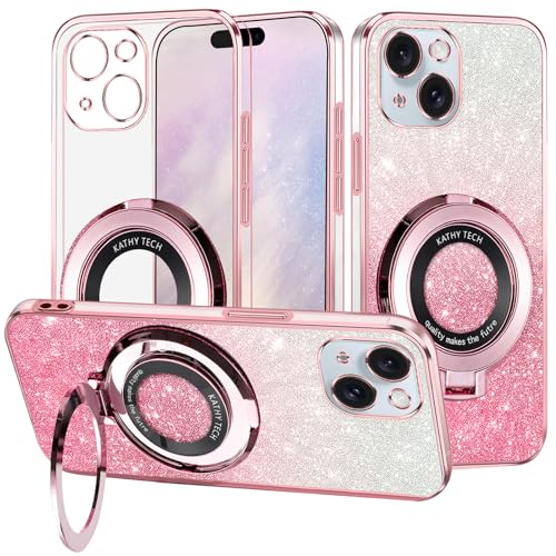 Yarxiawin Schutzhülle für iPhone 15, transparent, Glitzer mit Ringhalter, weiche Schutzhülle für iPhone 15, Silikon, dünn, glitzernd, rosa glänzend, stoßfest (Rosa) von Yarxiawin