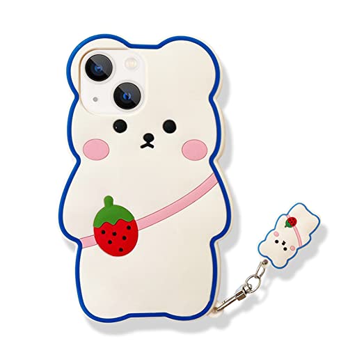 Yatchen Kawaii-Handyhüllen für iPhone 13, niedliche Cartoon-Bär-Handyhülle mit Schlüsselanhänger, Erdbeerbär, Handyhülle, 3D, iPhone 13, weiches Silikon, stoßfeste Abdeckung für Frauen und Mädchen von Yatchen