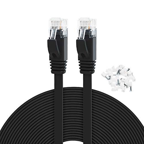 Yauhody Cat 6 Ethernet Kabel 7,5 m Schwarz, Solide Flache CAT6-Gigabit-Internet-Netzwerk-LAN-Patchkabel mit Kabelclips, Blankes Kupfer, RJ45-Anschluss für Modem, Router, PC von Yauhody