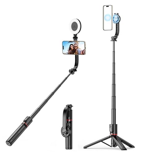 Yawdil Magstick Selfie-Stick-Stativ mit abnehmbarem Fülllicht, All-in-One-Handy-Stativ mit magnetischer Handyhalterung und abnehmbarer kabelloser Fernbedienung, kompatibel mit MagSafe, allen Handys von Yawdil