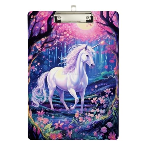 Klemmbrett Einhorn im Wald, niedriges Profil-Klemmbrett für Lehrer, A4, Briefgröße, 31,8 x 22,9 cm, silberfarbener Clip von Yaxinduobao