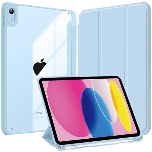 Hülle für iPad (A16) 11./10. Generation (2025/2022) mit Stifthalter, Stoßfeste Schutzhülle mit Transparenter Hartschale auf der Rückseite, Auto Schlafen/Wachen, Himmelblau von YeaQuelior