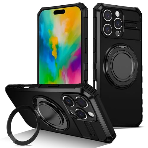 YeaQuelior Schutzhülle für iPhone 16 Pro Max, unterstützt magnetisches Laden, [Militärischer Fallverteidigung] [Standringhalter] Stoßfeste Handyhülle für iPhone 16 Pro Max 6,9 Zoll, Schwarz von YeaQuelior