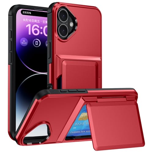 YeaQuelior für iPhone 16 Hülle mit Kartenfach (3 Karten), Hochbelastbare Schutzhülle Stoßfest Hüllen Dual Layer Hard PC Soft TPU Karte Slot Halterung Wallet Hülle - Rot von YeaQuelior