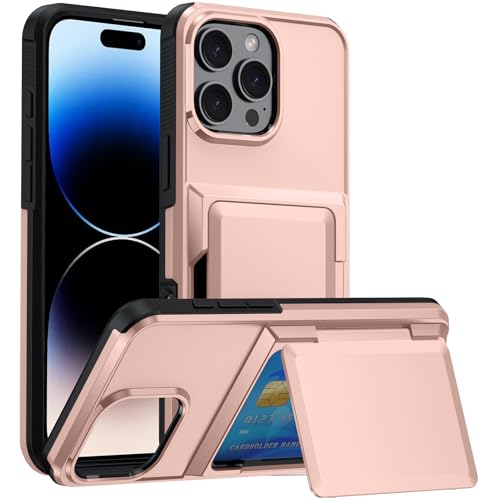 YeaQuelior für iPhone 16 Pro Max Hülle mit Kartenfach (3 Karten), Hochbelastbare Schutzhülle Stoßfest Hüllen Dual Layer Hard PC Soft TPU Karte Slot Halterung Wallet Hülle - Roségold von YeaQuelior
