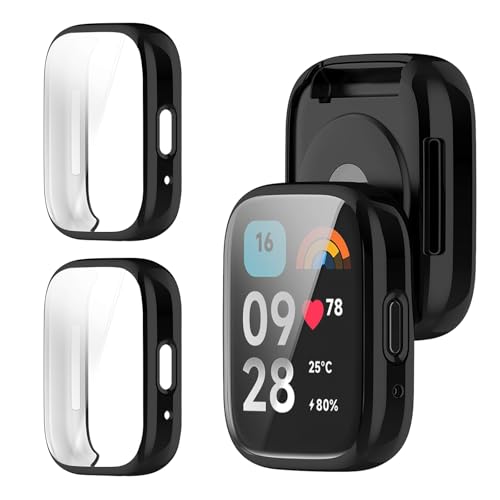 YealRed Hülle Kompatibel mit Xiaomi Redmi Watch 3 Active [2 Stück], Soft TPU Stoßfestes Schutzhülle, Anti-Kratz Case Displayschutzfolie für Xiaomi Redmi Watch 3 Active (Schwarz + Schwarz) von YealRed