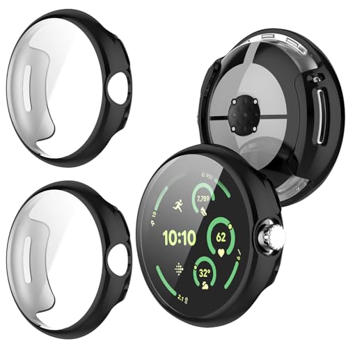 YealRed Hülle Kompatibel mit Google Pixel Watch 3 41mm [2 Stück], Soft TPU Stoßfestes Schutzhülle, Anti-Kratz Case Displayschutzfolie für Google Pixel Watch 3 41mm (Schwarz + Schwarz) von YealRed