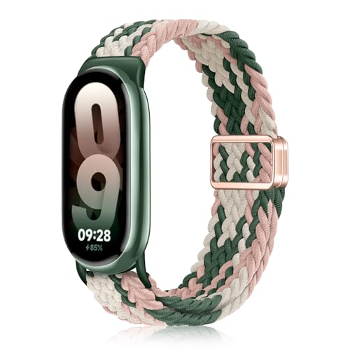 YealRed Nylon Armband für Xiaomi Mi Band 9 / Mi Band 8, Magnetische Schnalle Ersatzbänder, Geflochtenes Ersatzband Uhrenarmband Kompatibel mit Xiaomi Smart Band 8 / Smart Band 9 (Rosa + Grün) von YealRed