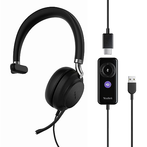 Yealink USB Headset UH38,Microsoft Teams Zertifizierte Mono/EIN Ohr Kopfhörer mit Noise Cancelling Mikrofon für VoIP Softphone/PC/Laptop/Mac/Handy,In-Line-Steuerung Eingebautes Bluetooth,USB-A Kabel von Yealink