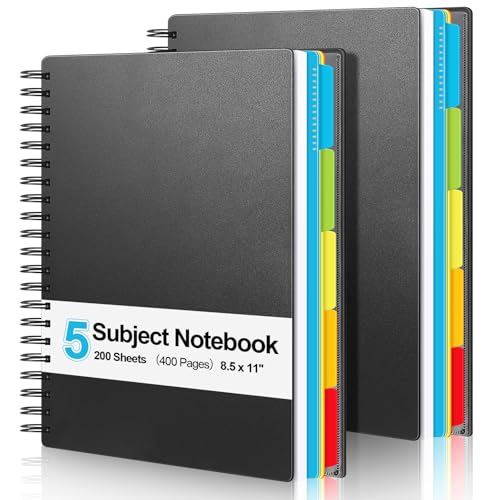 Yeaqee 2 Pack 5 Subject Notebook College Ruled, 8.5 x 11 400 Pages (200 Sheets) Spiral Notebook with Pocket Movable Dividers, Dual Poly Covers, Multi Subject Note Book for Office Supplies von Yeaqee