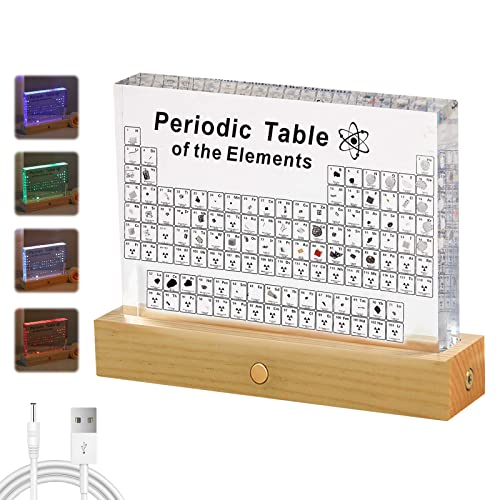 Periodensystem mit Echten Elementen Im Inneren,Acryl Periodic Table of 83 Elementen,Proben Periodensystem Geschenk für Schüler Lehrer Desktop Dekor (Periodensystem der Elemente mit LED-Lichthalter) von Yearninglife