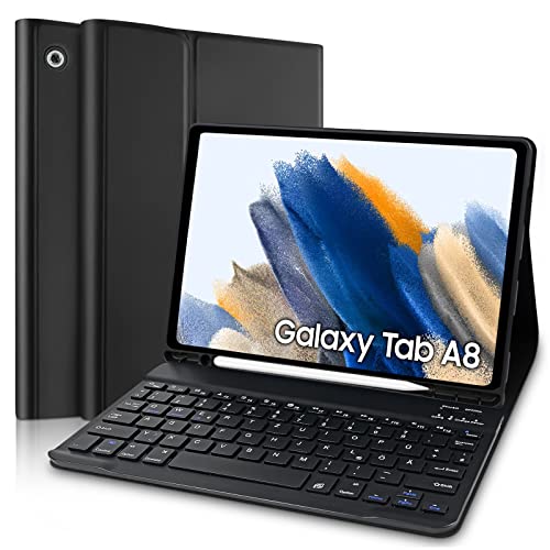 Samsung Galaxy Tab A8 Hülle mit Tastatur, QWERTZ Deutsches Layout Bluetooth Tastatur mit Stifthalter für Samsung Galaxy Tab A8 10,5'' 2021 SM-X200/ X205/ X207 (Schwarz) (Stift nicht enthalten) von Yeegnar