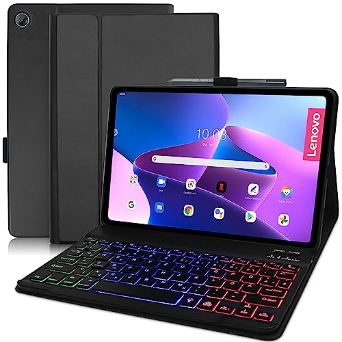 Tastatur Hülle für Lenovo Tab M10 Plus (3rd Gen) 10.61 Zoll 2022 QWERTZ Tastatur mit Regenbogen-Hintergrundbeleuchtung in 7 Farben Magnetische Abnehmbare Tastatur mit 10.61Zoll Schutzfolie Schwarz von Yeegnar